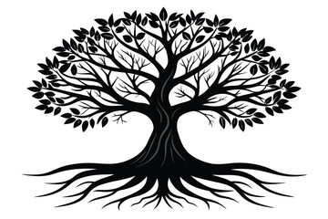 Obraz premium Silhouette Tree Illustration with Roots, Branches and Leaves, Isolated Nature Graphic