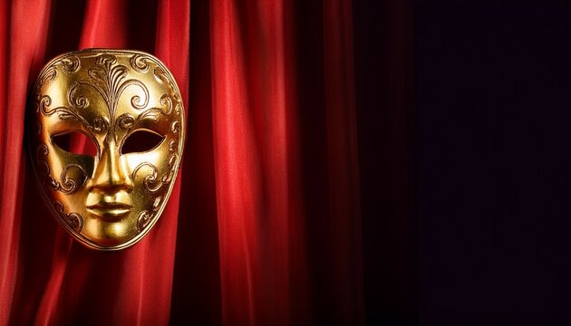a red curtain serves as the backdrop for a gold mask creating an air of mystery and intrigue