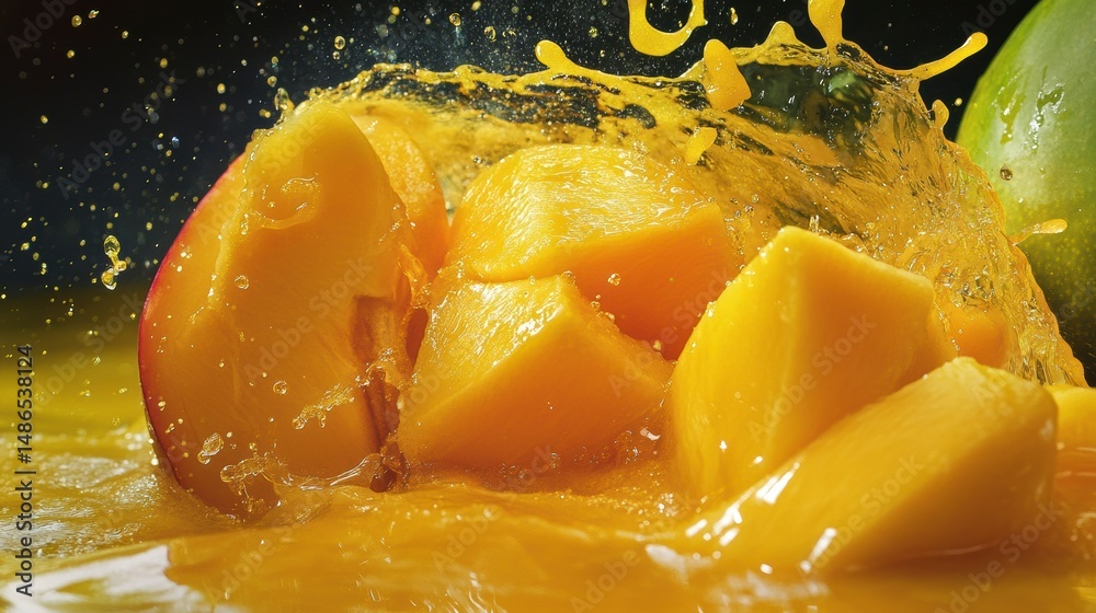 Poster juicy mango chunks splashing in their own juice.