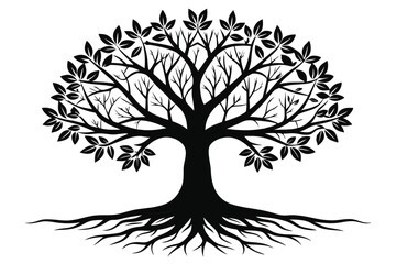 Black Silhouette Vector of a Tree with Roots, Trunk, Branches and Leaves