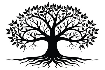 Obraz premium Silhouette Vector Image of a Tree with Leaves, Branches and Roots Design