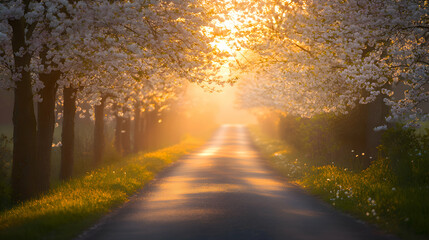 Obraz premium A scenic drive along a countryside road lined with blossoming cherry trees and soft sunlight streaming through
