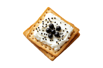 Crisp bread with cream cheese and black balls isolated on a transparent background.