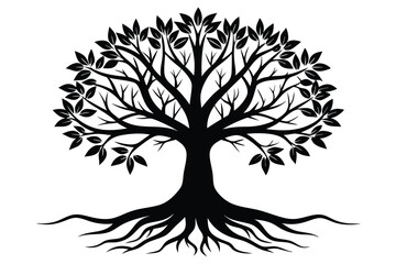 Obraz premium Black Vector Tree Silhouette with Leaves and Roots Illustration Symbolism Nature Design