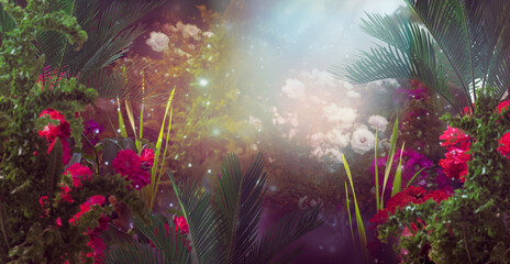 Fantasy tropical jungle garden with palms leaf, fern, cycas, rose flower and greenery plants in fairy tale rainforest, magical nature background with gleam of sky and shining rays, dreamy atmosphere.
