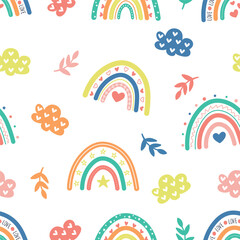 Fototapeta premium Cute hand-drawn boho rainbow nursery seamless pattern background wallpaper. kids cartoon playful doodle digital paper colorful backdrop