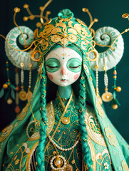 Fantasy Celestial Bride Doll with Elaborate Headpiece and Ornate Costume, Surreal Character Illustration with Mythical and Decorative Details