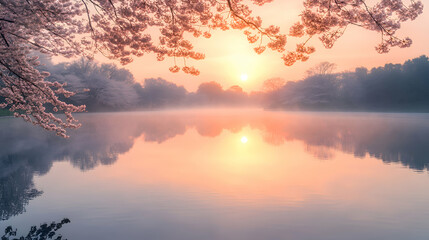 A scenic lake at dawn, with mist rising and trees in full bloom reflecting on the waters surface