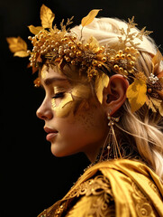 Fantasy Woman in Golden Costume with Leaf Crown, Elegant Profile Portrait of Forest Nymph, Mythical Character Concept with Artistic Styling and Decorative Details

