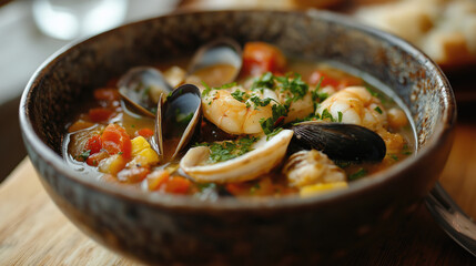 A close-up of a seafood stew brimming with mussels, shrimp, and tomato