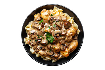 Chicken stroganoff with mushroom sauce on black isolated on a transparent background.