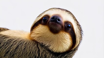 Close-up of a two-toed sloth looking directly at the viewer with a curious expression against a plain, white background.