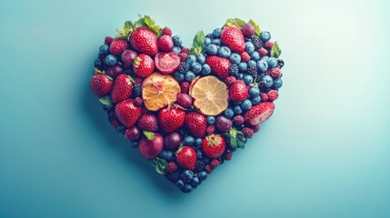 Heart-Shaped Arrangement of Fresh Berries and Citrus Fruits on Blue Background