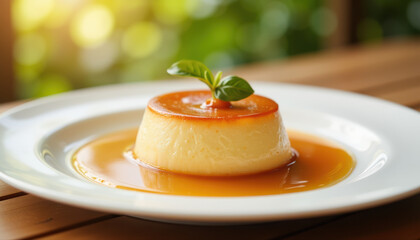 Flan dessert with caramel sauce on wooden table