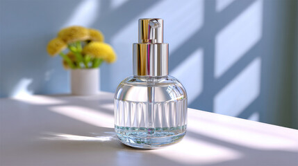Clear perfume bottle on a white surface, with yellow flowers behind it