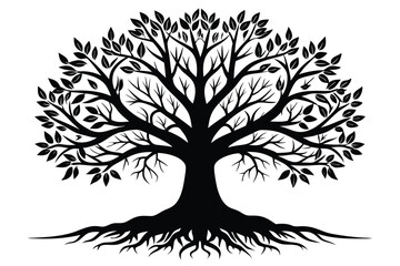 Elegant Silhouette of a Mature Deciduous Tree with Rich Foliage and Roots