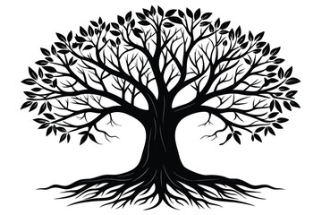 Silhouette of a Detailed Black Tree with Leaves and Roots Artistic Design