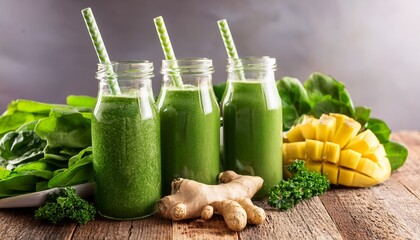 green detox smoothies with fresh leafy vegetables and ginger
