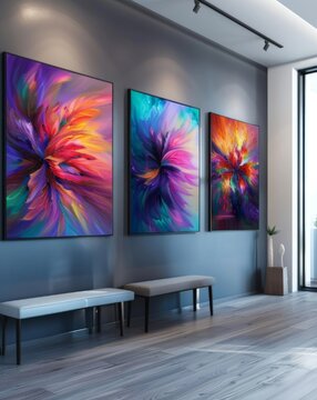 Abstract Triptych in Modern Interior: Three vibrant, large-format abstract paintings in a captivating triptych arrangement adorn a stylish modern interior.
