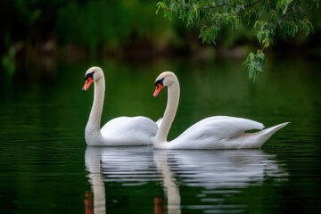 Obraz premium Majestic swans glide across a tranquil lake surrounded by lush greenery in the early morning light