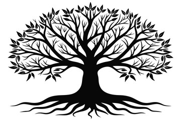 Silhouette Vector Illustration of Tree with Roots, Branches, and Leaves Design