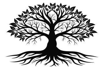 Obraz premium Stylized Black Tree Silhouette with Roots and Leaves against a Plain Background