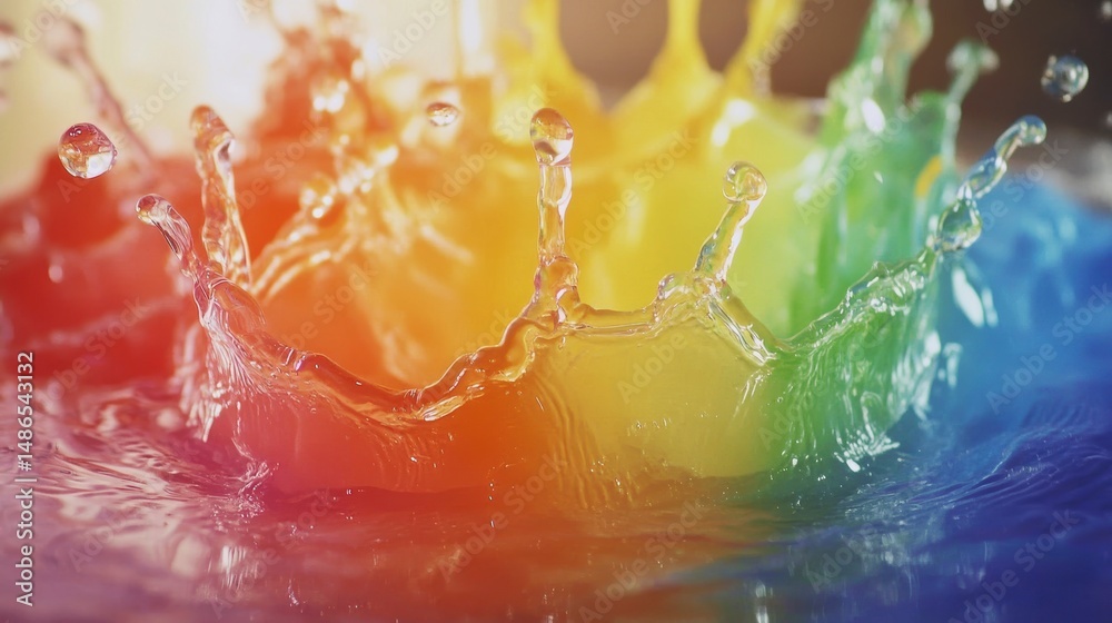 Poster vibrant rainbow liquid splash creating a colorful crown effect.