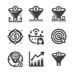 Business strategy, business plan, mission vision, growth chart, profit analysis, market research, goal setting sales funnel SWOT analysis strategic thinking roadmap financial goal icon set