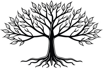 Black Silhouette of a Spreading Tree with Leaves and Visible Roots System Design