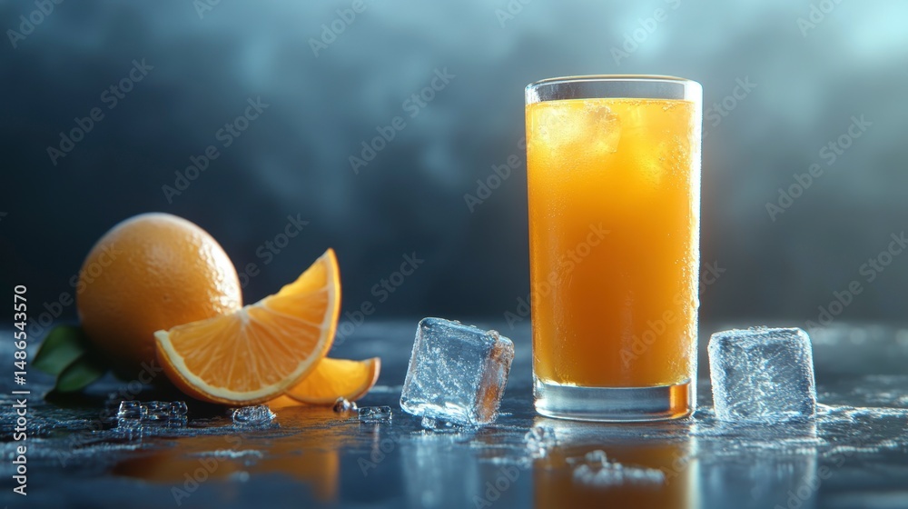 Poster refreshing glass of orange juice with ice and orange slices on a dark background.