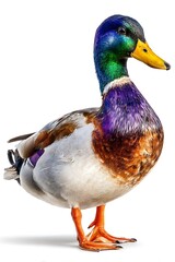 Obraz premium Dynamic mallard duck art with colorful feathers on white backdrop 