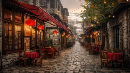 Fototapeta premium Atmospheric cobblestone street with red lanterns and restaurants at night