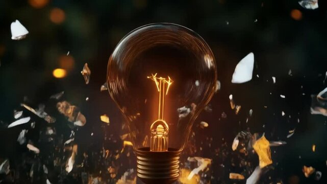 Shattered light bulb exploding with glowing filament against dark background  