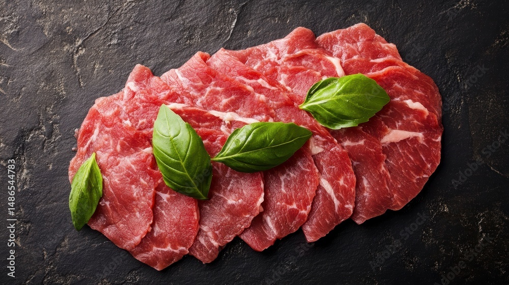Poster thinly sliced raw beef with fresh basil leaves on dark stone background.