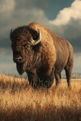 Dynamic bison art standing in grassy field with midday sunlight  

