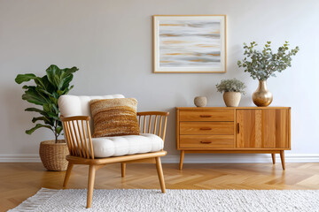 Scandinavian Living Room Interior Design with Wooden Furniture Plants and Decorative Art on a White Wall