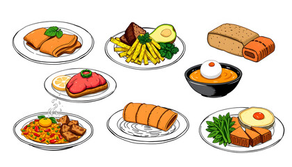 assortment of colorful, delicious dishes, hand-drawn digital illustration. with white shades