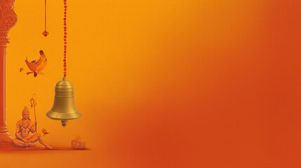 Obraz premium Hanuman Ji’s gada and bell symbolic icons in corners, empty orange gradient