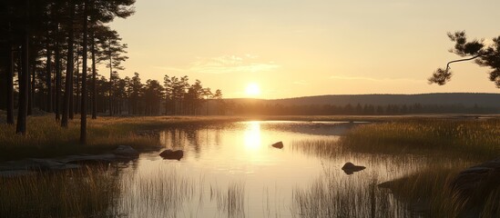 Beautiful calm sunrise over the river with orange sky, reflecting the morning light through misty trees