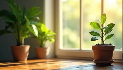 Single plant in a sunlit room, viewed from a window ,  plant,  peaceful scene,  room