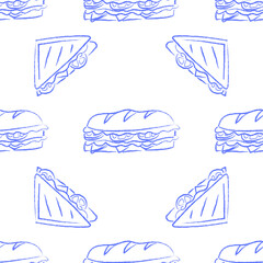 A cute blue seamless pattern with sandwich sketch. Burger doodle print.