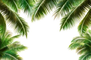 Fototapeta premium Lush Green Palm Fronds Frame White Background Tropical Summer Vacation Paradise