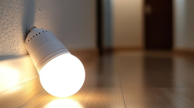 Bright led light bulb on wooden floor modern interior lighting energy efficiency