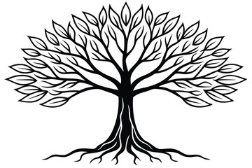 Obraz premium Black Silhouette of Detailed Tree with Roots, Branches and Leaves Illustration