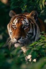 Obraz premium Dignified tiger gazing in green habitat with sunrise serene light 