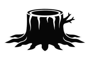 Silhouette Illustration of a Solid Black Tree Stump with Branch Remnants and Root Structure