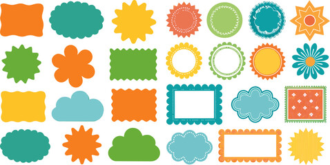 Zig zag wavy shape frames. Vector rectangular and round abstract clouds, flowers and text boxes. Scallop edge kids geometric stamps. Flat jagged oval shapes set. Groovy kids graphic wiggly vector eps.