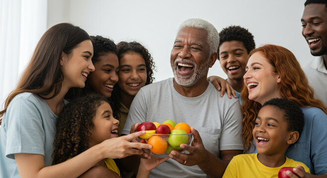 School holidays happy family multigenerational group portrait with fruit bowl laughing together at home cheerful gathering - Powered by Adobe