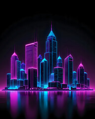 Neon Cityscape Icon, Glowing Purple and Blue Buildings, Synthwave Retrofuturistic Skyline, Black Background