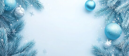 Blue Christmas background features a decorated Christmas tree with branches, evoking a cold winter holiday season with snowflakes and festive design